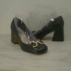 Nine West Black Leather Caven Square Toe Block Heel Dress Pump Horsebit Size 7